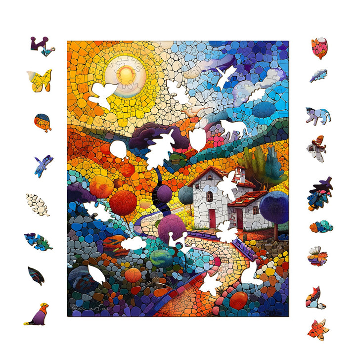 Colorful puzzle of a country house scene by artist Pietro Gallo, featuring vibrant nature elements and whimsical shapes.