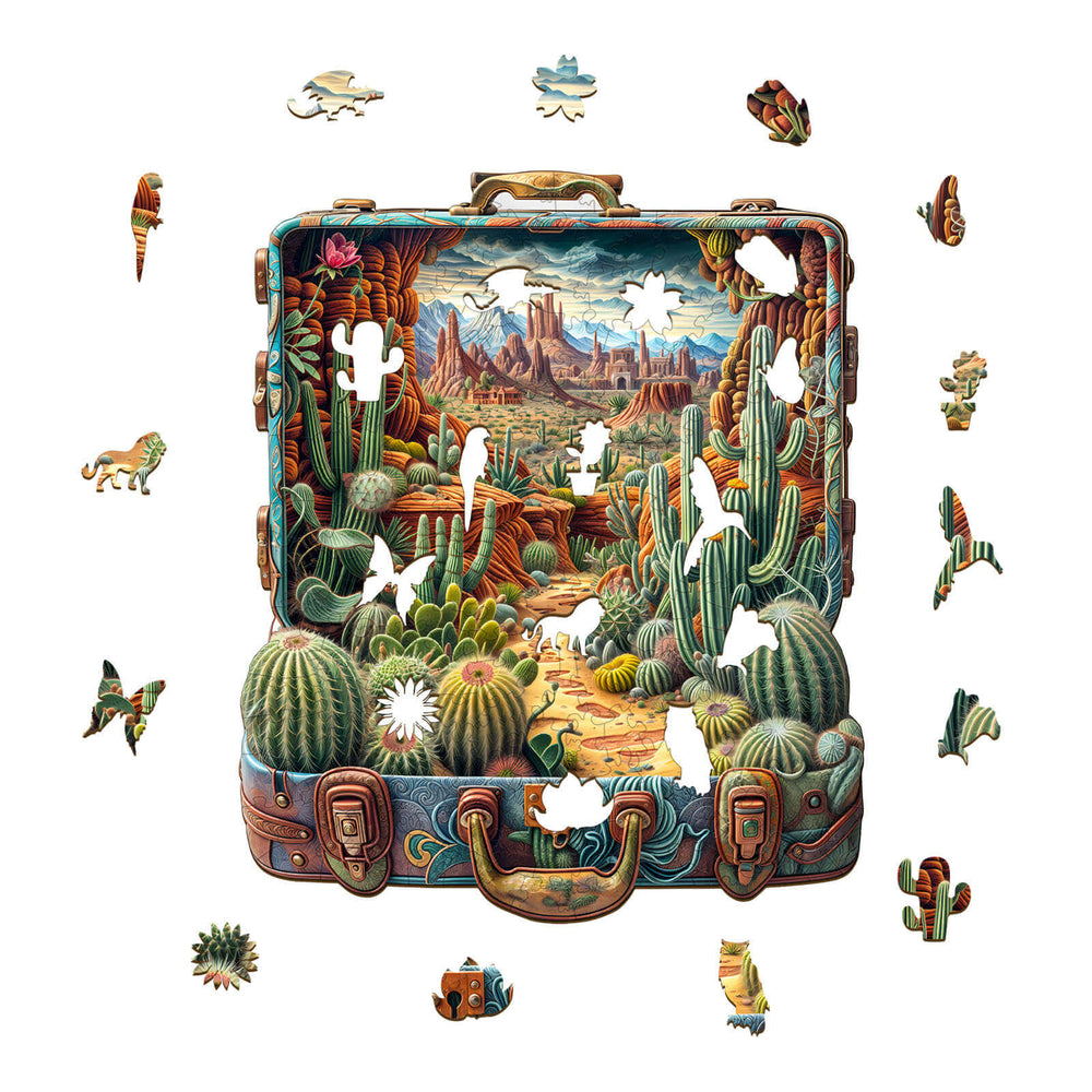 Desert Odyssey-2 wooden jigsaw puzzle, showcasing a vibrant desert scene with missing puzzle pieces.