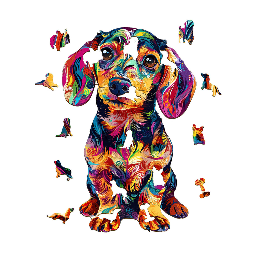 Colorful Dachshund-1 wooden jigsaw puzzle pieces showcasing a vibrant, playful design perfect for puzzle enthusiasts.