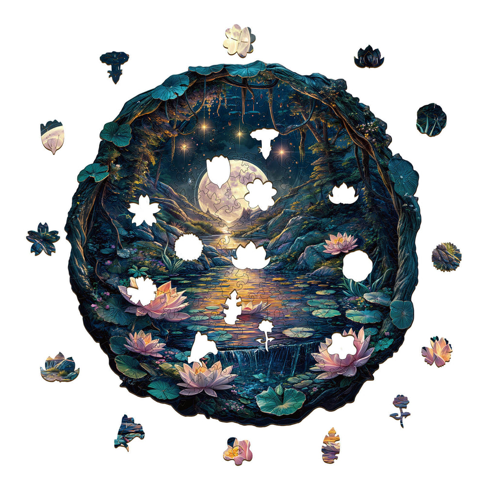 3D Cave Moon Lotus wooden jigsaw puzzle with illuminated moon and lotus flowers, showcasing enchanting nature design.