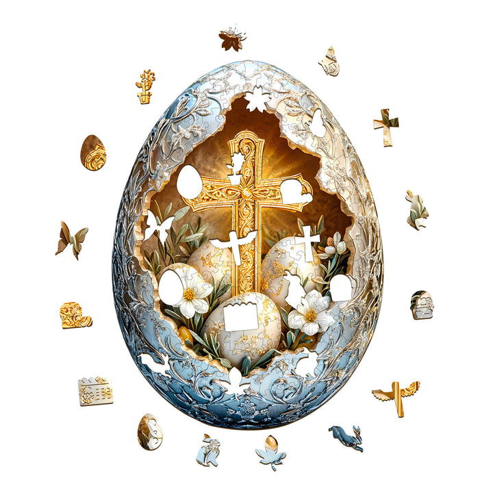 Wonderland Easter-1 wooden jigsaw puzzle featuring an ornate egg with a cross and decorative pieces.