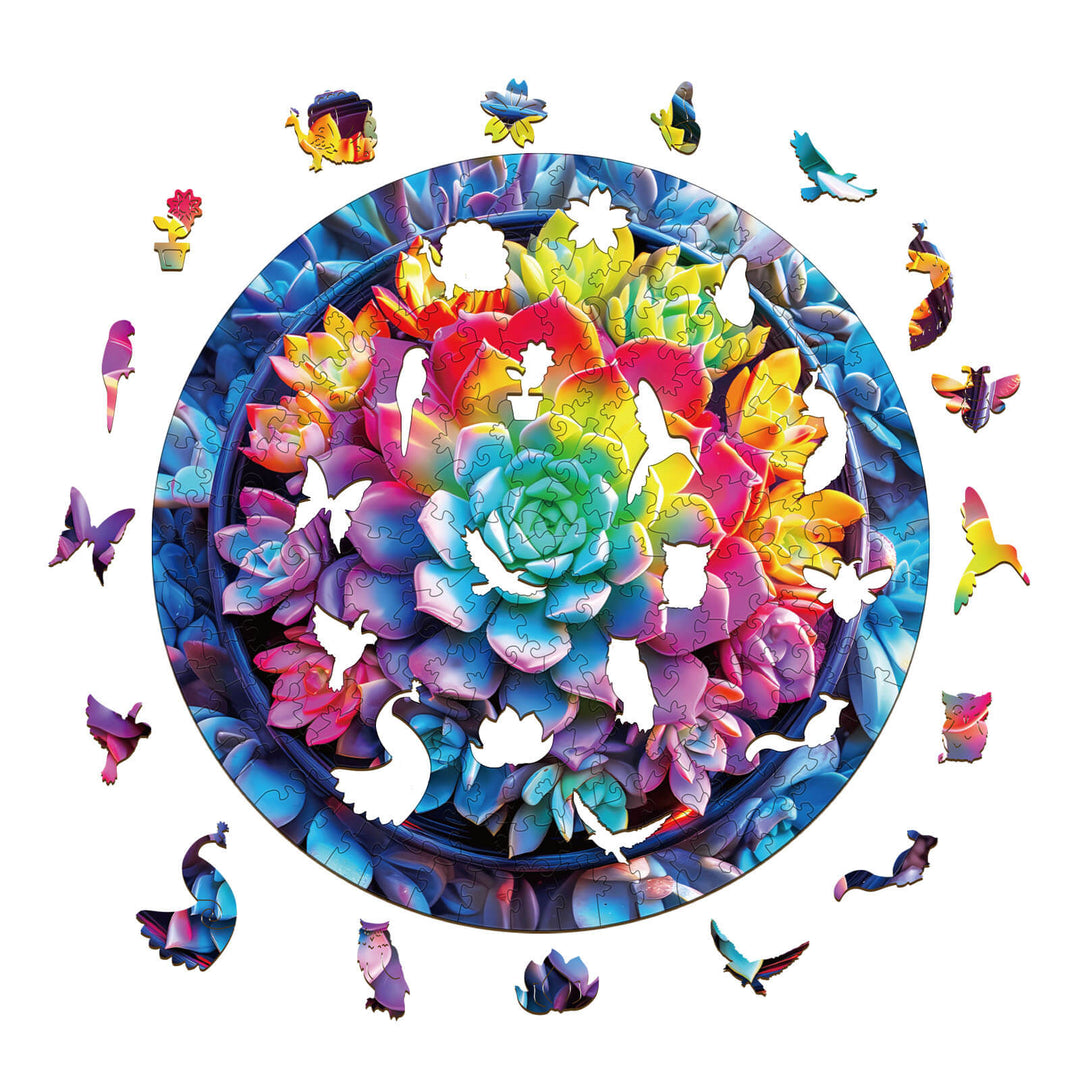 Colorful 3D succulent plants wooden jigsaw puzzle with whimsical animal shapes, promoting focus and mental agility.