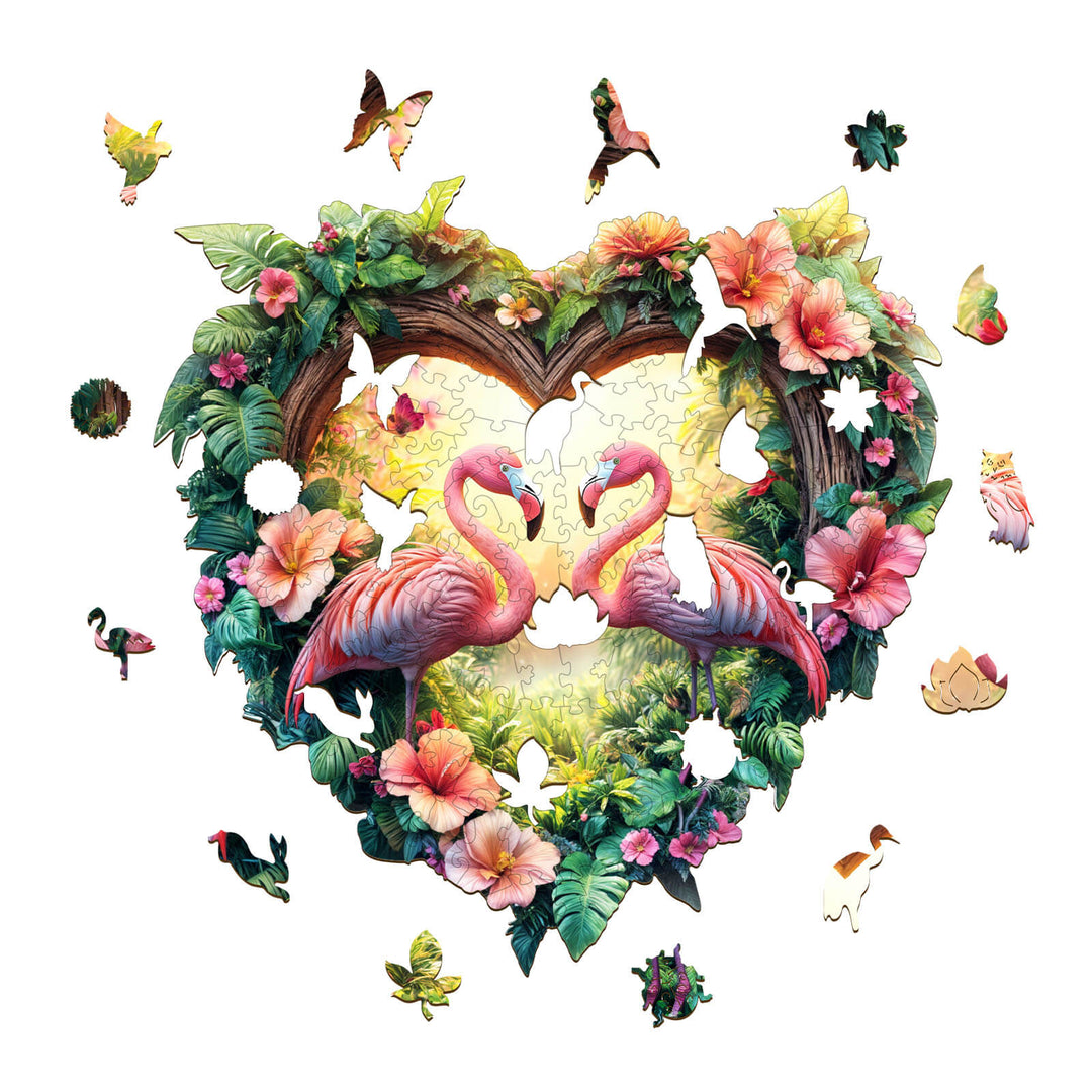 Love Flamingos wooden jigsaw puzzle featuring flamingos and vibrant flowers, perfect for puzzle enthusiasts and mind games.