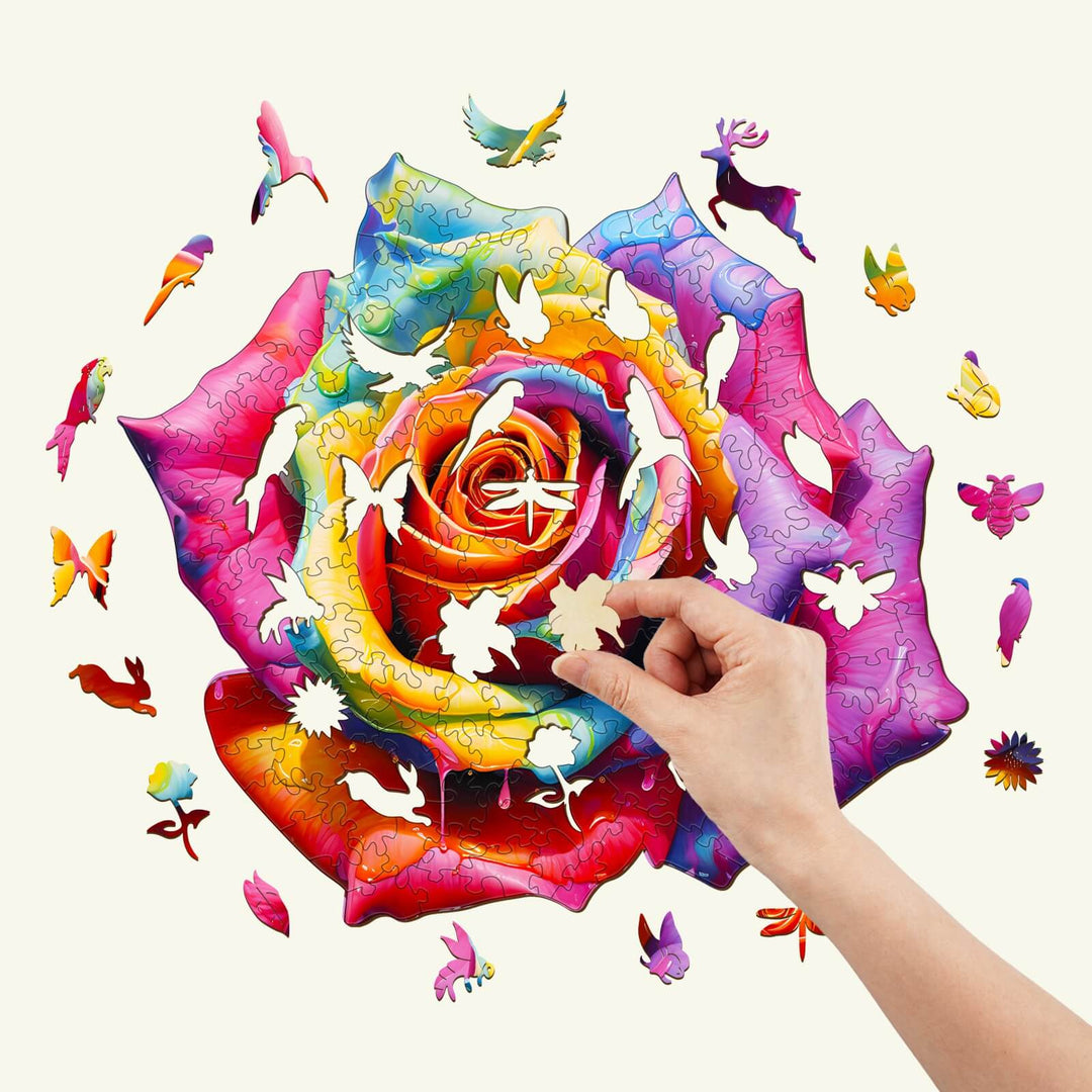 Colorful rose wooden jigsaw puzzle with hand placing a piece, perfect for mind games and enhancing focus.
