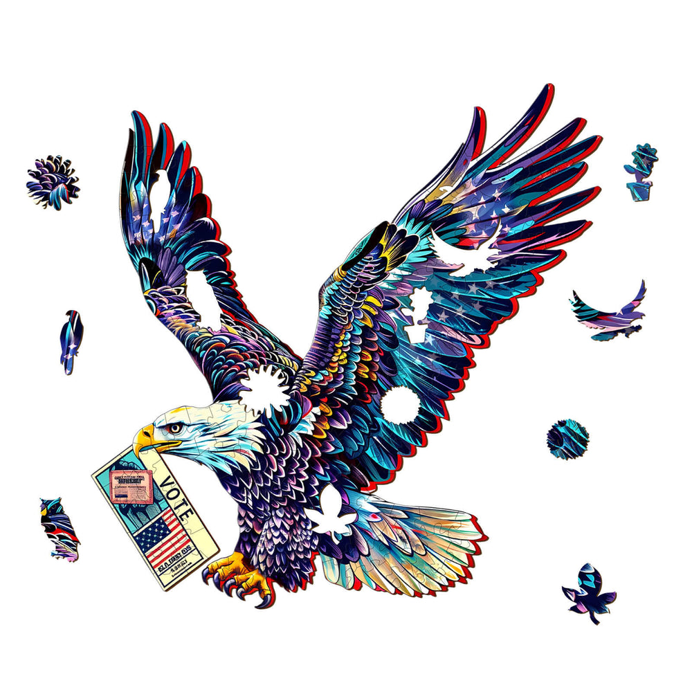Bald Eagle's Vote jigsaw puzzle featuring an eagle carrying a vote ballot, designed for brain-boosting fun.