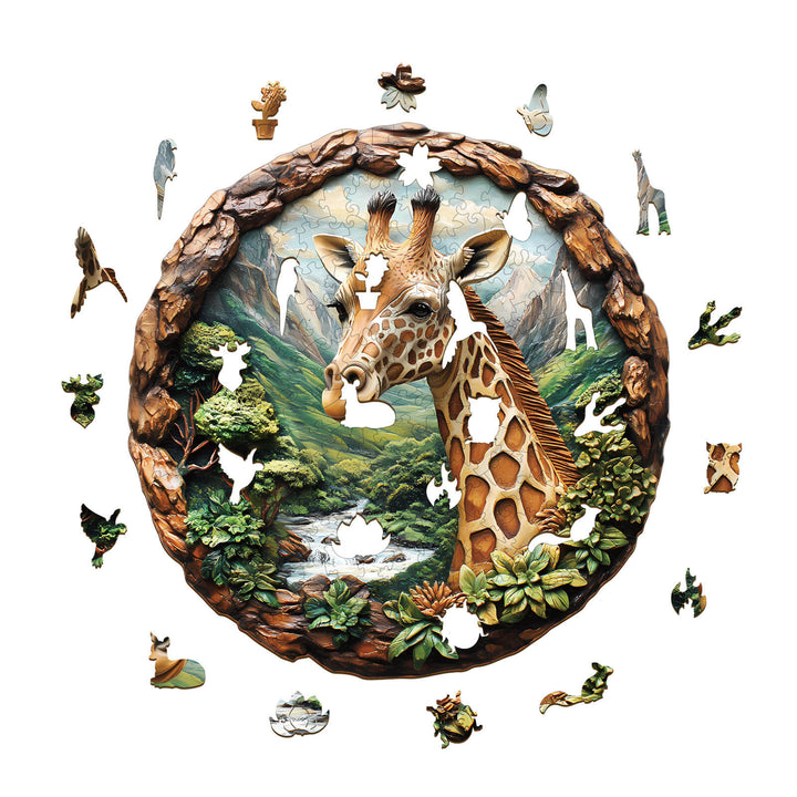 3D giraffe wooden jigsaw puzzle pieces surrounding a detailed giraffe depiction, perfect for puzzle lovers and brain training.
