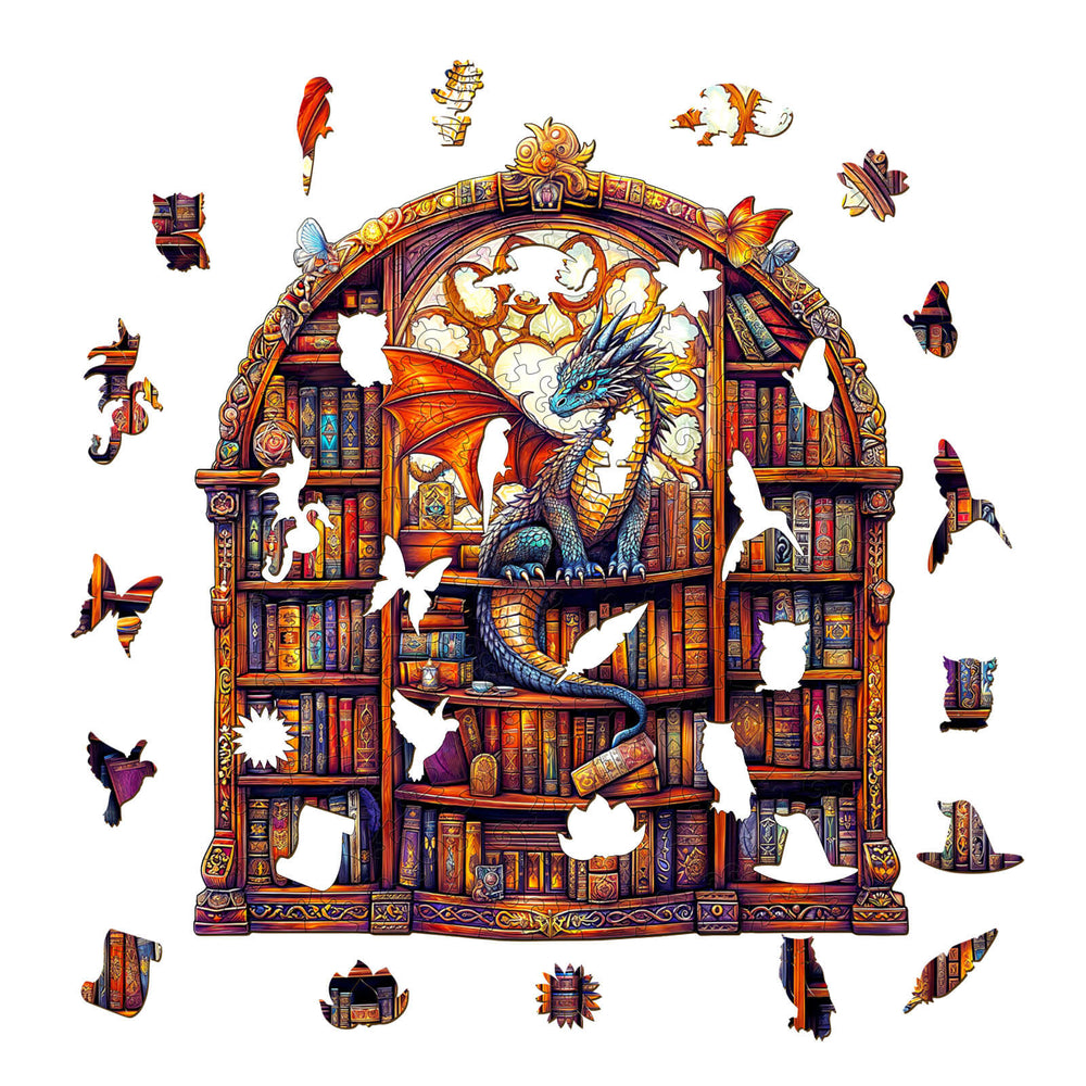 SEEK AND FIND QUILLS wooden jigsaw puzzle featuring a dragon amidst a colorful bookshelf design with missing pieces.