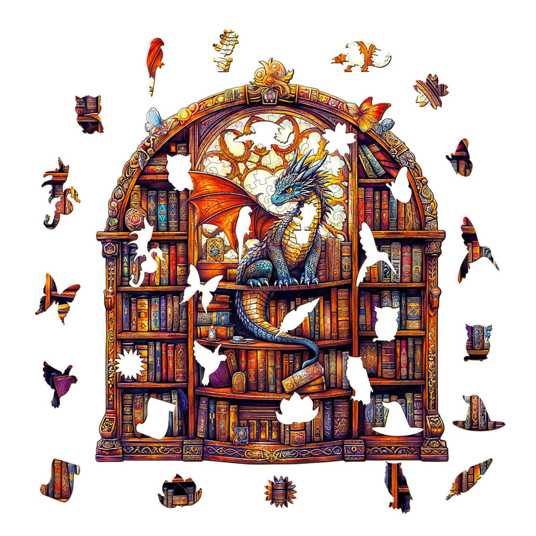 SEEK AND FIND QUILLS wooden jigsaw puzzle featuring a dragon amidst a colorful bookshelf design with missing pieces.