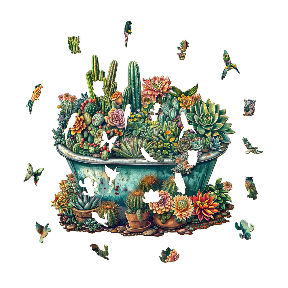 Colorful jigsaw puzzle of a succulent garden with missing pieces showcasing vibrant plants and flowers.
