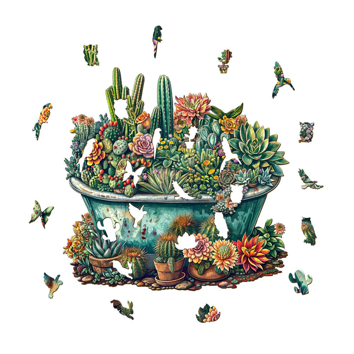 Colorful jigsaw puzzle of a succulent garden with missing pieces showcasing vibrant plants and flowers.