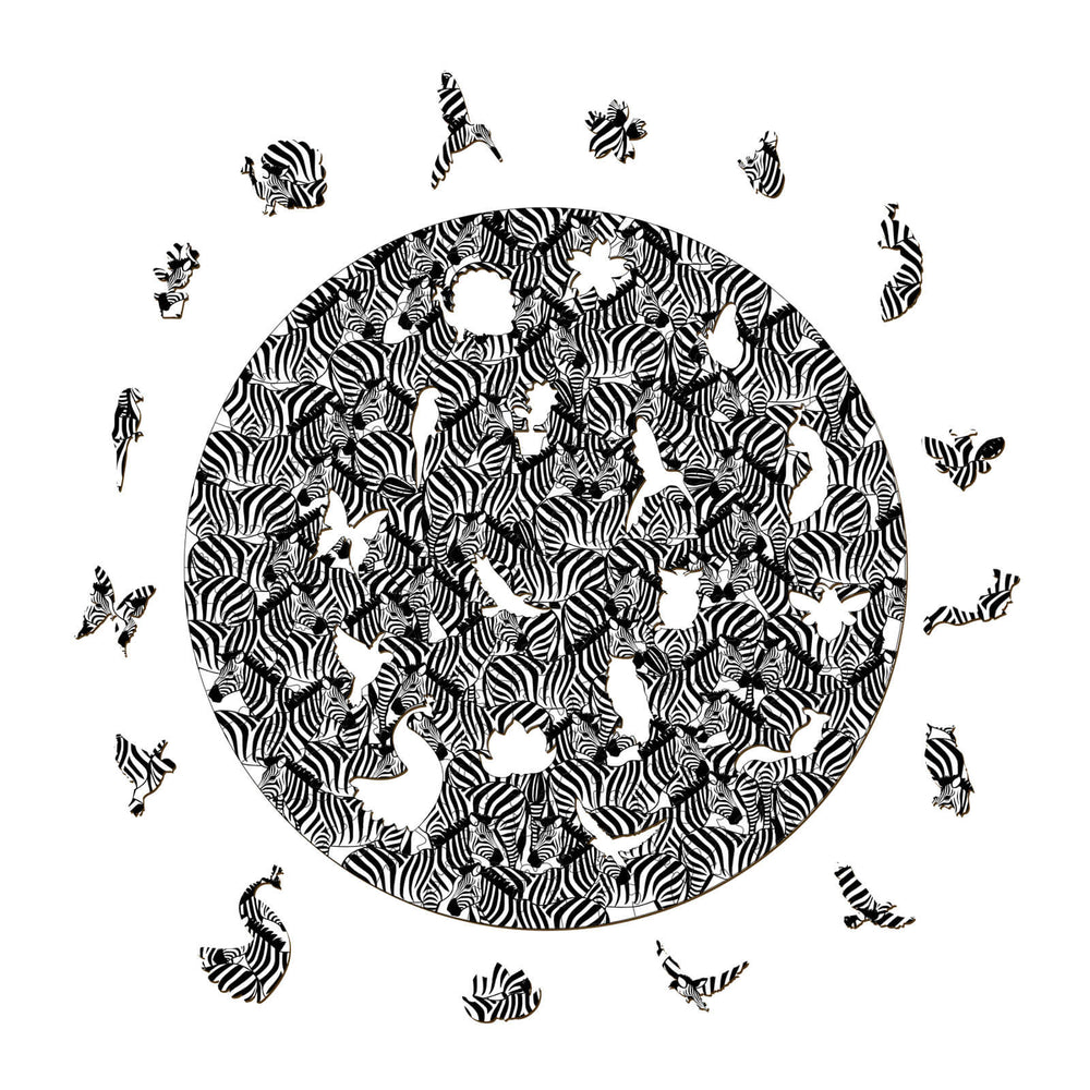 Seek and find jigsaw puzzle featuring a circular design of zebra patterns, enhancing focus and cognitive skills.