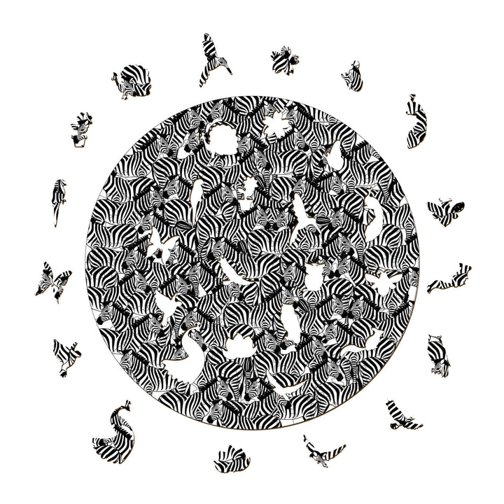 Seek and find jigsaw puzzle featuring a circular design of zebra patterns, enhancing focus and cognitive skills.