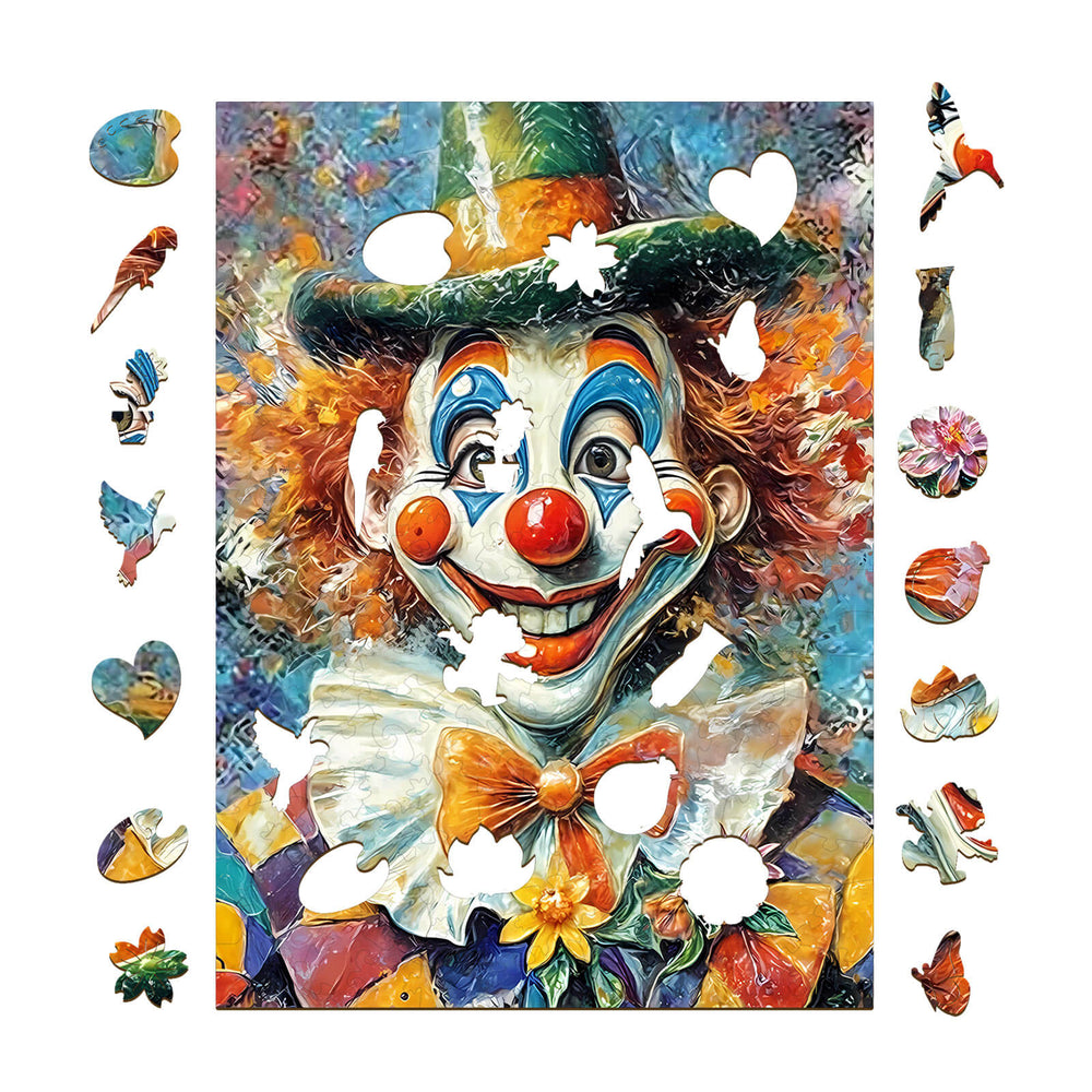 Oil Painting Clown Wooden Jigsaw Puzzle pieces on a colorful background, perfect for mind games and focusing.