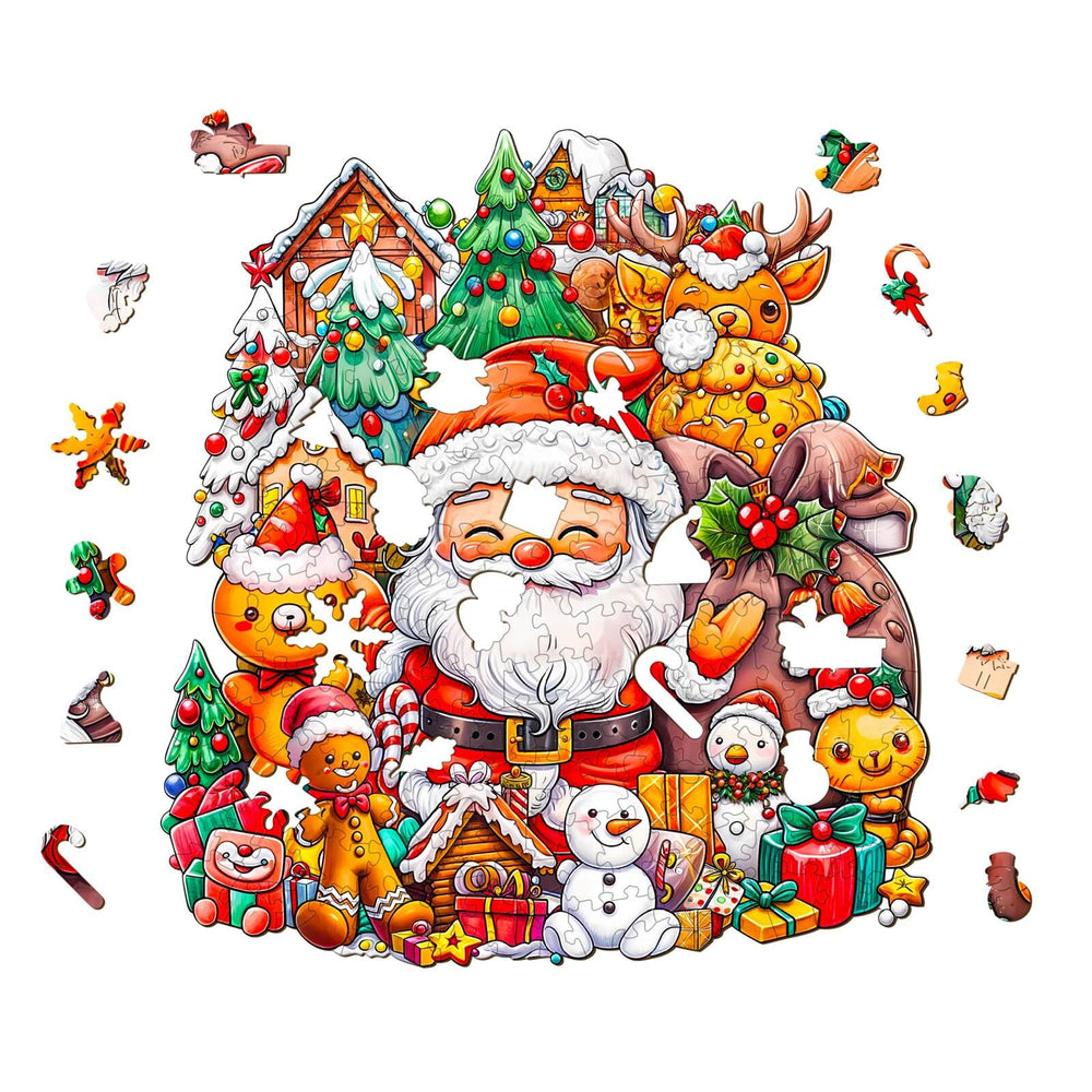 Colorful Christmas Cheer-1 wooden jigsaw puzzle featuring Santa, reindeer, and festive decorations.