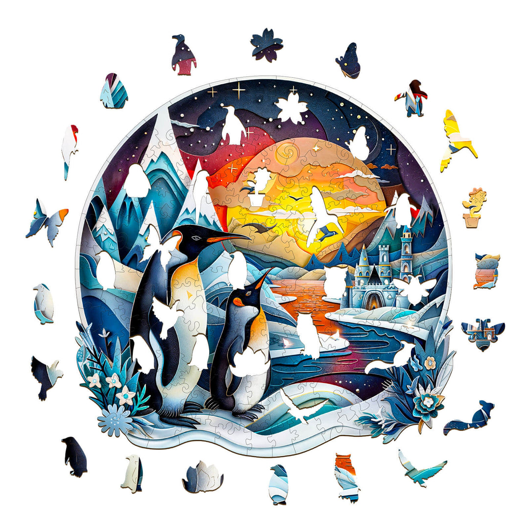 3D penguin family wooden jigsaw puzzle showcasing colorful design and missing pieces for an engaging brain game experience.