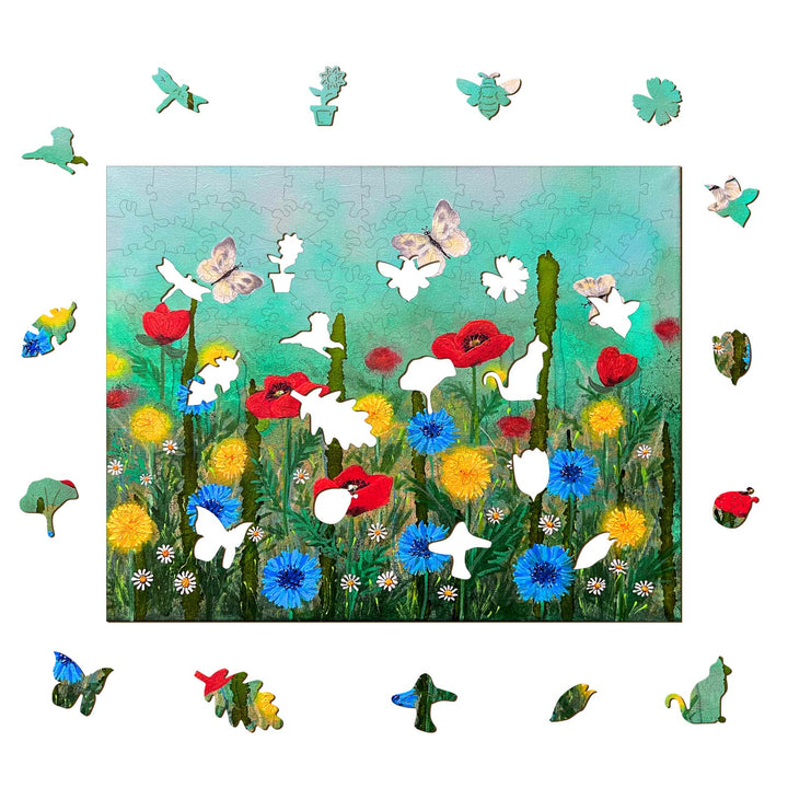 Poppy Garden puzzle featuring colorful flowers, butterflies, and artistic pieces by Nicholas John VARDAXIS.