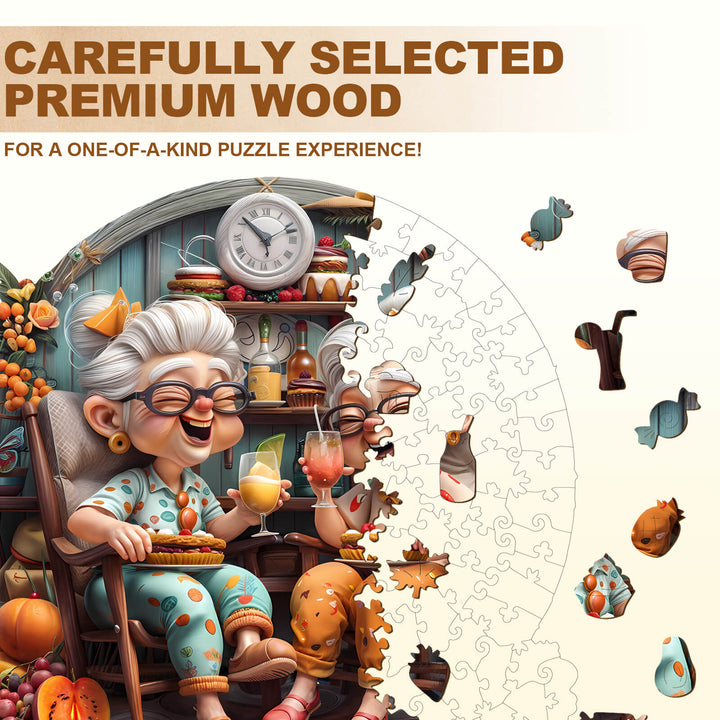 Grandma's Party wooden jigsaw puzzle featuring premium wood pieces and a cheerful grandma enjoying her time.