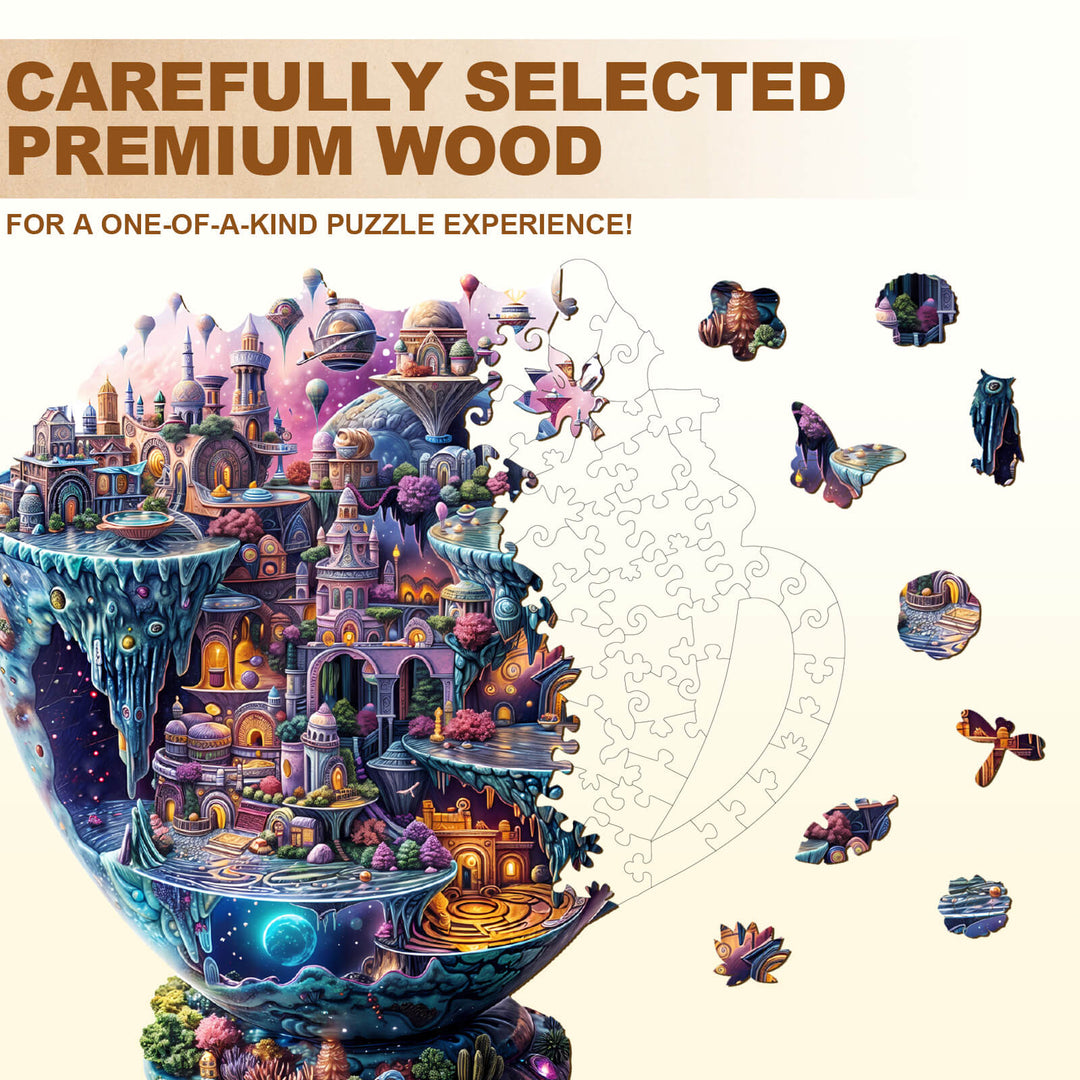 Interstellar City wooden jigsaw puzzle pieces showcasing unique design and premium wood for a captivating puzzle experience.