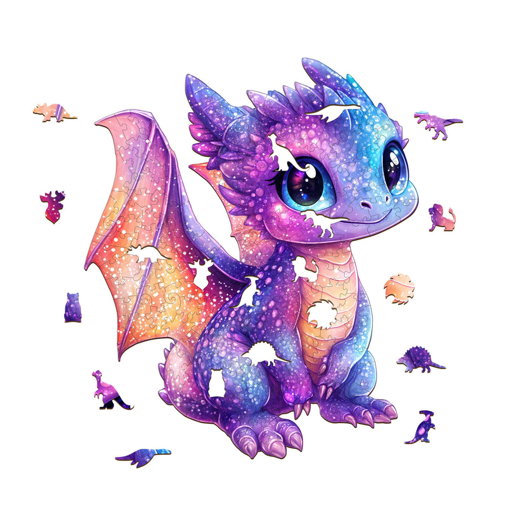 Colorful Glittering Dragon wooden jigsaw puzzle pieces with vibrant hues and cute design for mind games and focus.