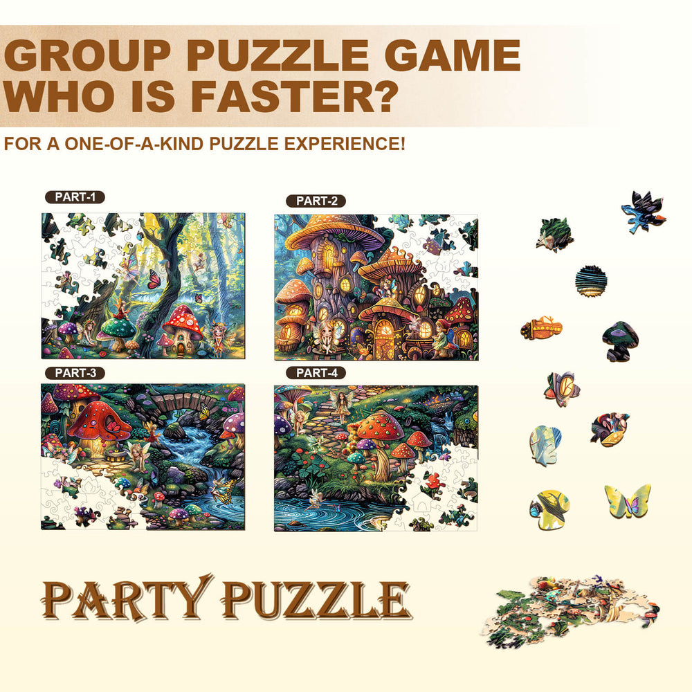 Colorful Party Puzzle featuring Fairy Village artwork, engaging jigsaw pieces for a fun group game experience.