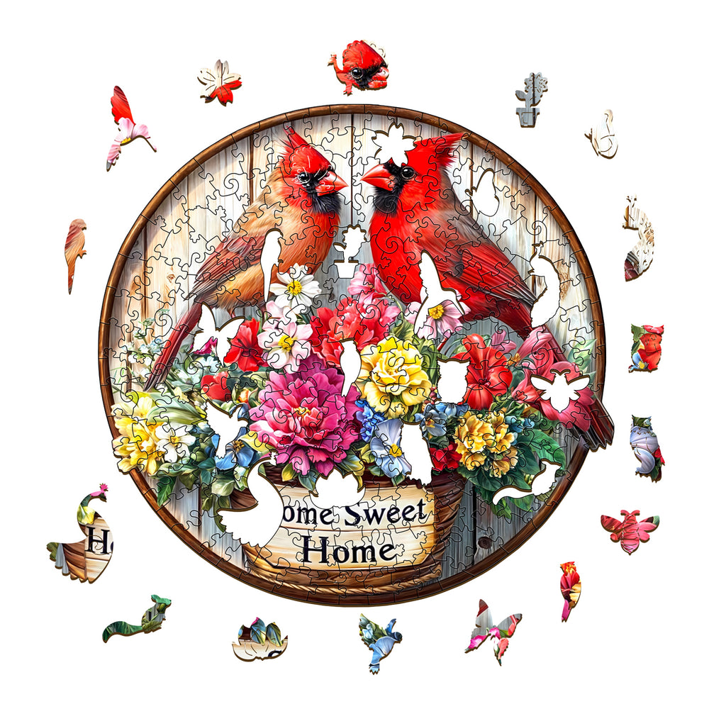 Sweet Home wooden jigsaw puzzle featuring cardinals and flowers, perfect for enhancing focus and mind skills.