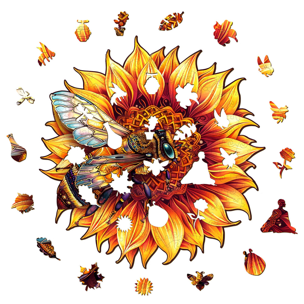 Bee and sunflower wooden jigsaw puzzle pieces scattered, promoting focus and mental agility through fun mind games.