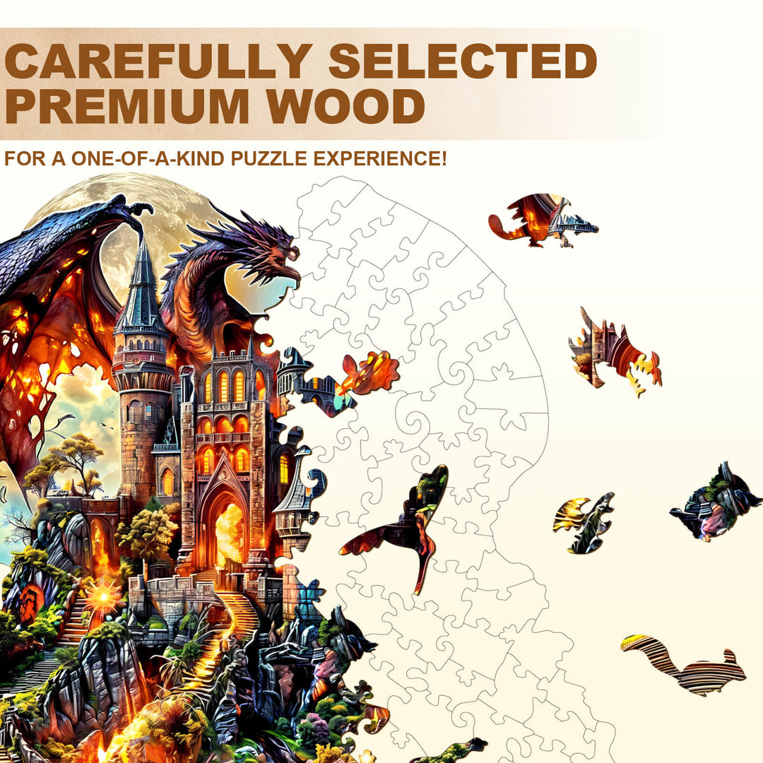 Epic Tale Wooden Jigsaw Puzzle featuring colorful dragons and castle, crafted from premium wood for a unique puzzle experience.
