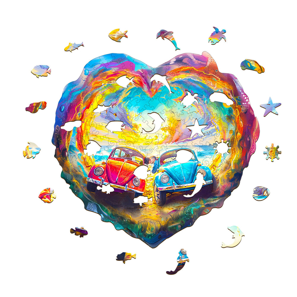 Sweet Encounter wooden jigsaw puzzle featuring colorful heart-shaped design with vintage cars and sea creatures.