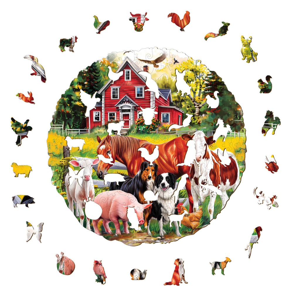 Colorful wooden jigsaw puzzle featuring farm animals and a red barn, designed for fun and engaging mind games.