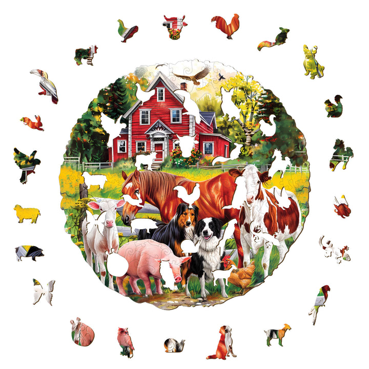 Colorful wooden jigsaw puzzle featuring farm animals and a red barn, designed for fun and engaging mind games.