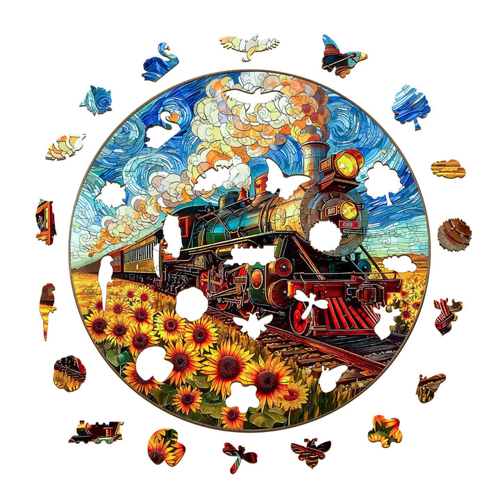 Colorful Sunflower Star Train wooden jigsaw puzzle with vivid train and sunflower designs, promoting focus and mental skills.