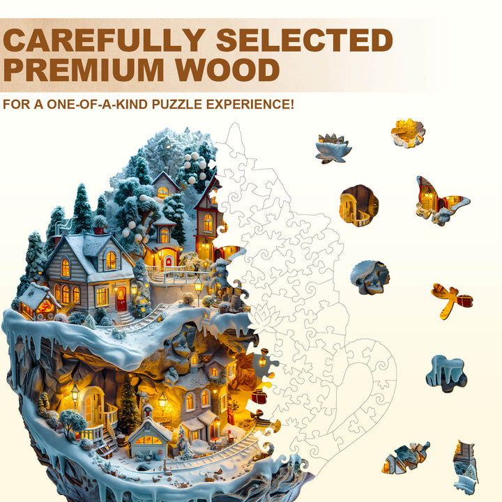 Train and Village wooden jigsaw puzzle showcasing premium wood pieces for an engaging puzzle experience.