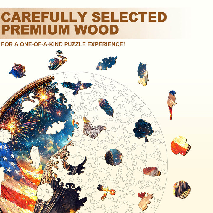 Spirit of Liberty wooden jigsaw puzzle pieces in vibrant colors showcasing premium wood craftsmanship.