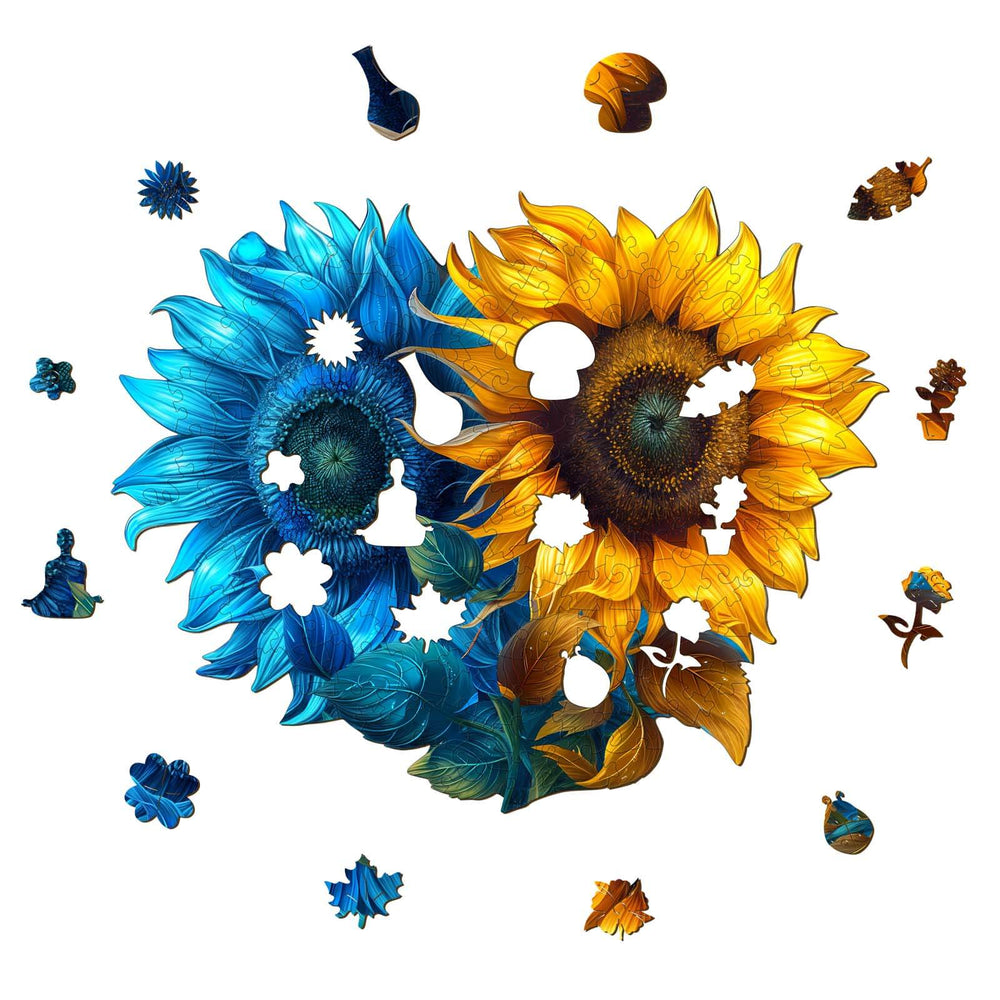Yin Yang Sunflower wooden jigsaw puzzle with colorful pieces, promoting focus and mental clarity during puzzle solving.