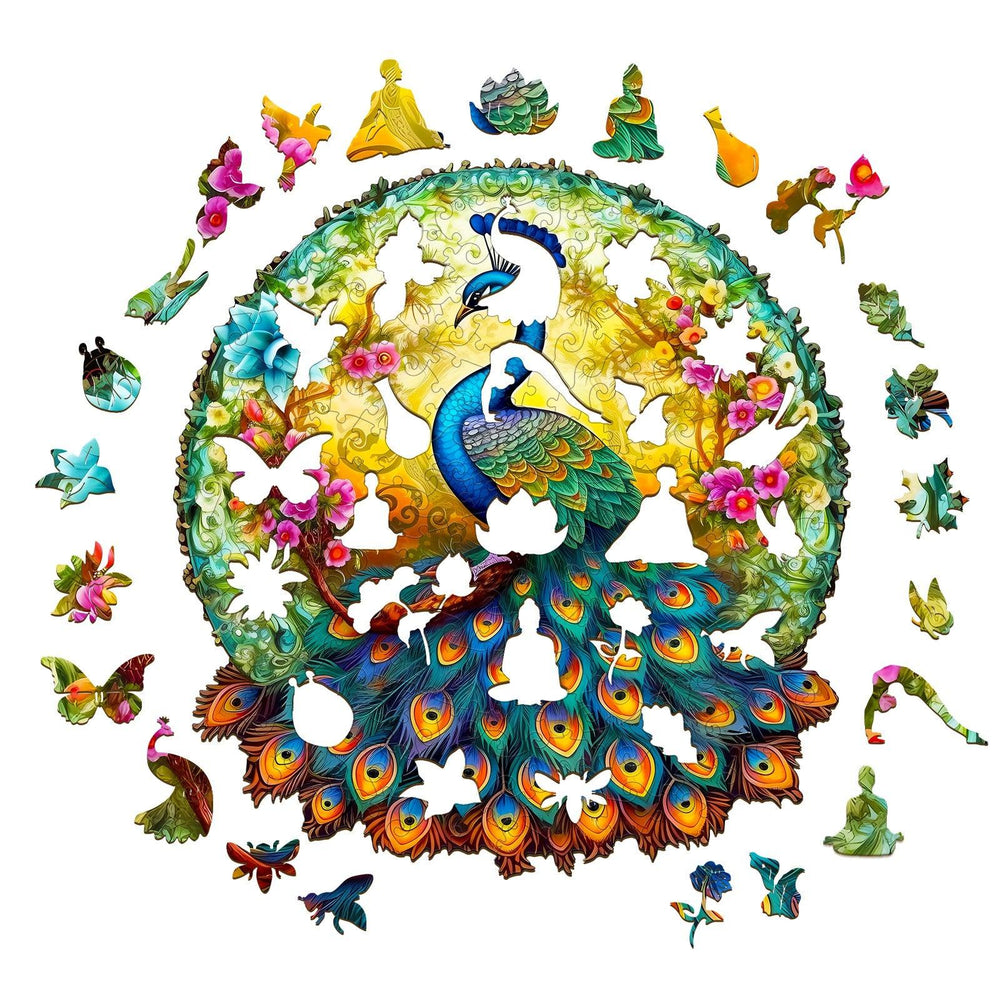 Colorful Uncharted Peacock wooden jigsaw puzzle featuring vibrant peacock and butterfly designs.
