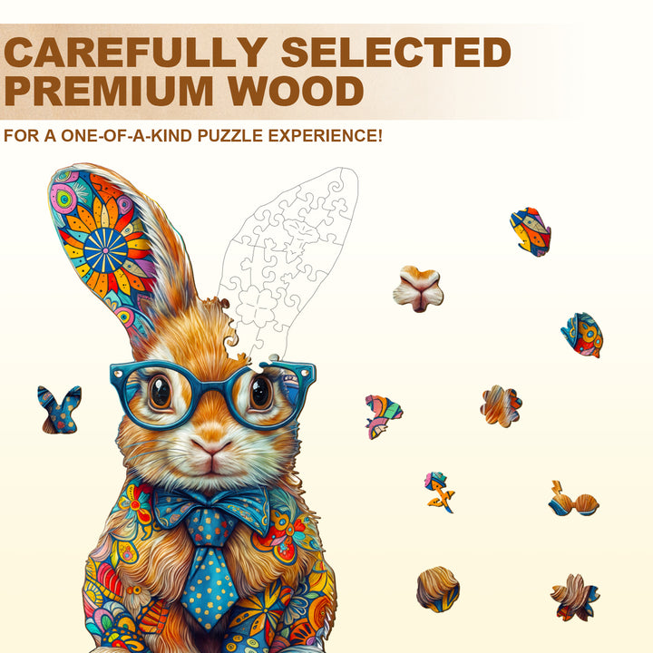 Colored bunny wooden jigsaw puzzle featuring a rabbit with glasses, crafted from premium wood for a unique experience.