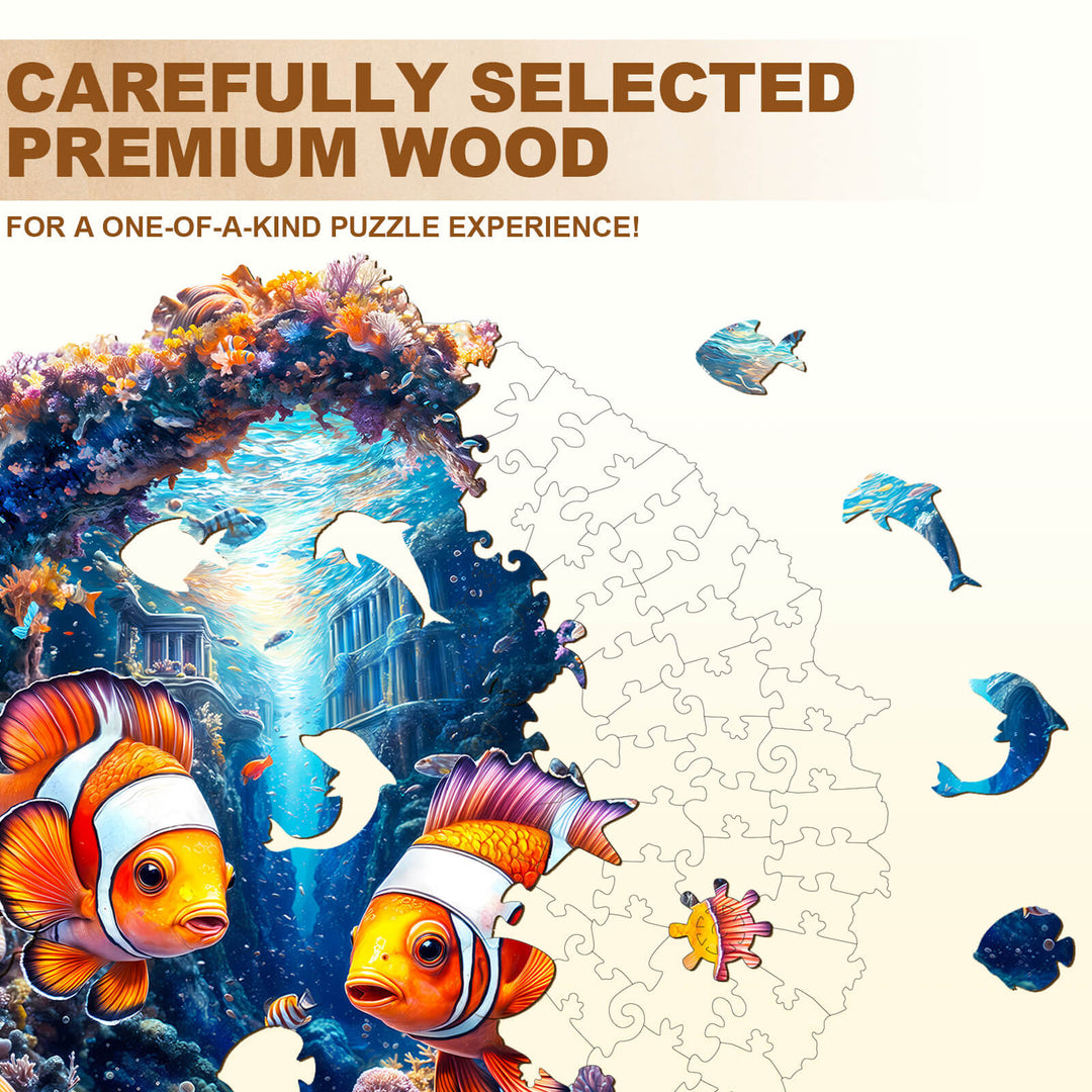 Clownfish Journey wooden jigsaw puzzle showcasing premium wood craftsmanship and colorful ocean scene.