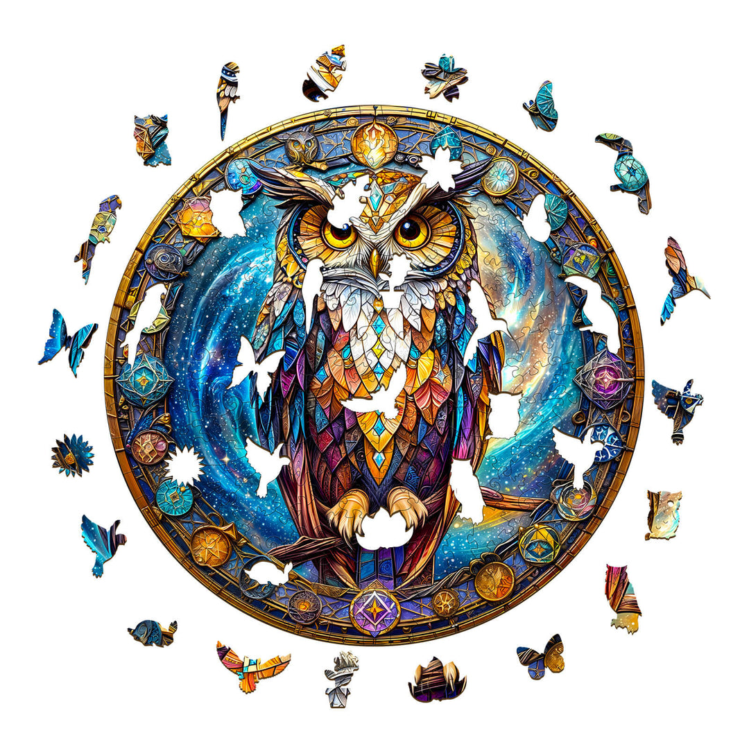 Cosmic Watcher Wooden Jigsaw Puzzle featuring a colorful owl design with celestial elements and missing pieces for mind challenge.
