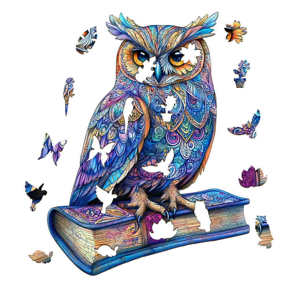 Colorful Elegant Owl wooden jigsaw puzzle with pieces missing, designed for enhancing focus and cognitive skills.