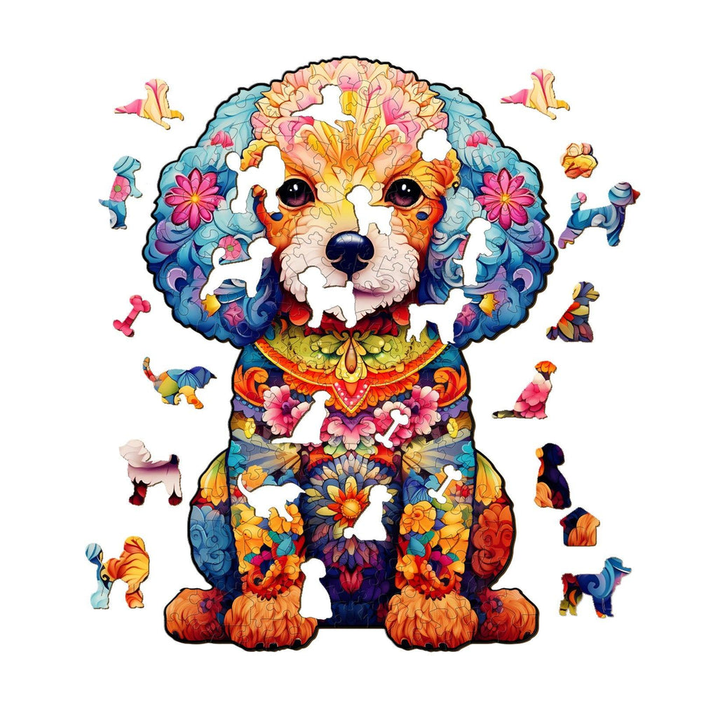 Cute Poodle Wooden Jigsaw Puzzle featuring a colorful design with playful puzzle pieces.