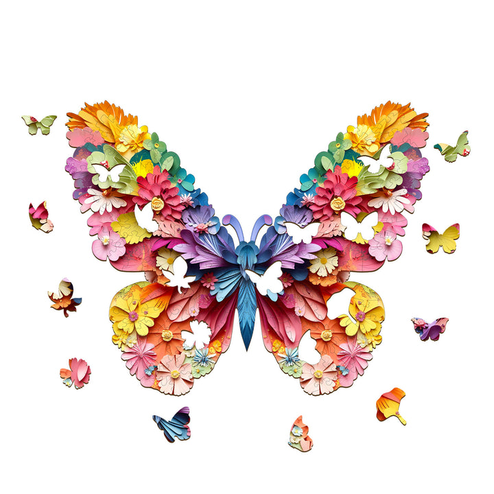 3D colorful butterfly wooden jigsaw puzzle showcasing vibrant flowers and butterflies