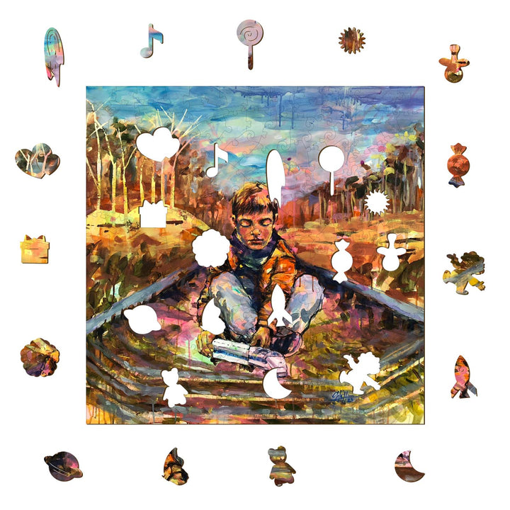 Colorful puzzle artwork featuring a boy on a train track, surrounded by whimsical puzzle pieces and music notes.