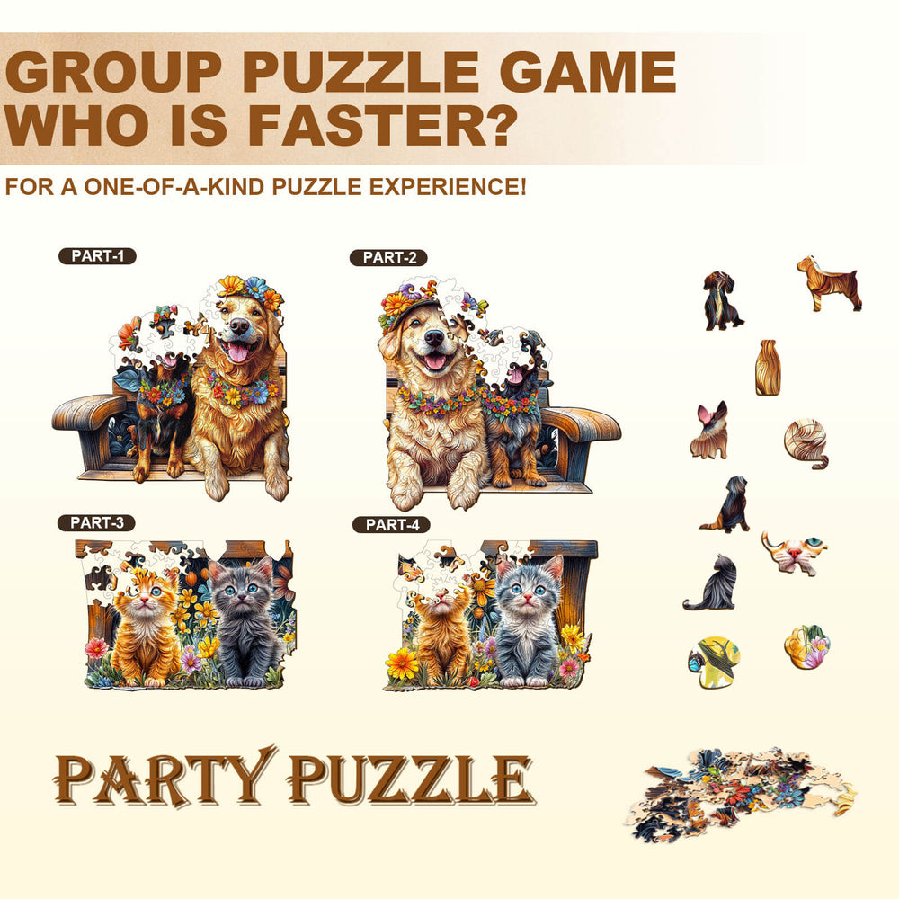 Colorful group puzzle game featuring dogs and cats in a fun competition scene, titled "Party Puzzle" for engaging family fun.