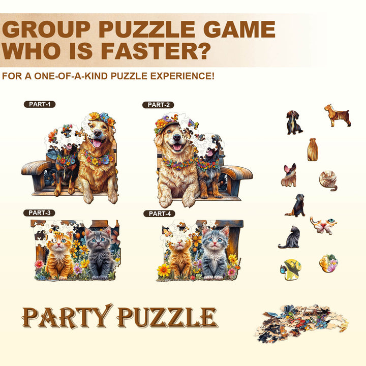 Colorful group puzzle game featuring dogs and cats in a fun competition scene, titled "Party Puzzle" for engaging family fun.