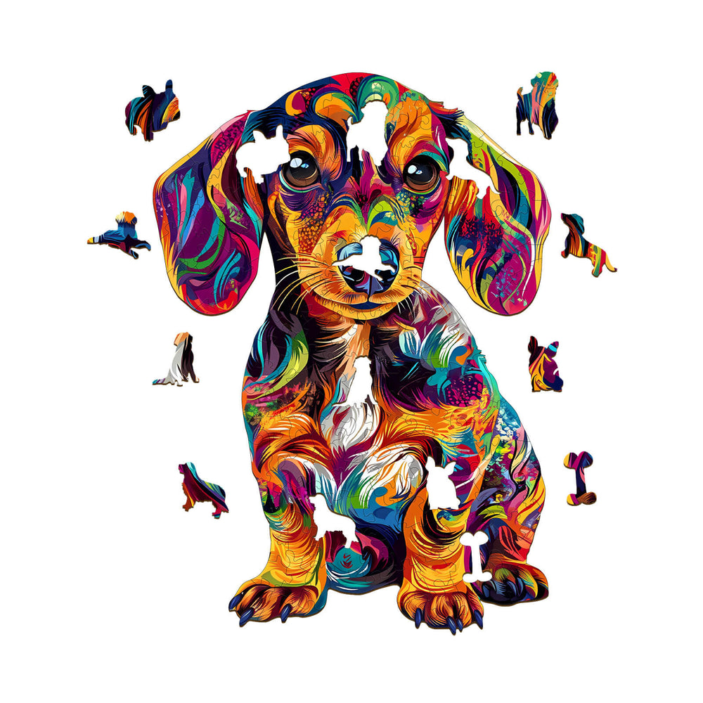 Colorful Dachshund-2 wooden jigsaw puzzle pieces featuring a vibrant, artistic dog design for mind games and focus.
