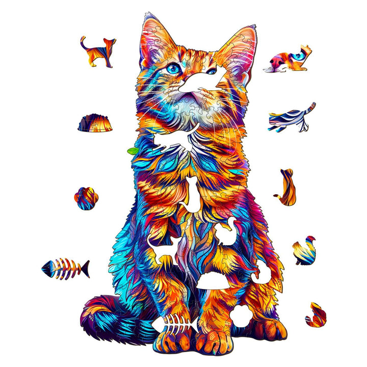 Colorful Bengal Cat wooden jigsaw puzzle pieces scattered around, perfect for brain games and enhancing focus.