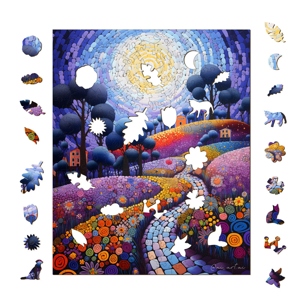 Colorful jigsaw puzzle featuring a whimsical landscape by Pietro Gallo with unique pieces surrounding it.