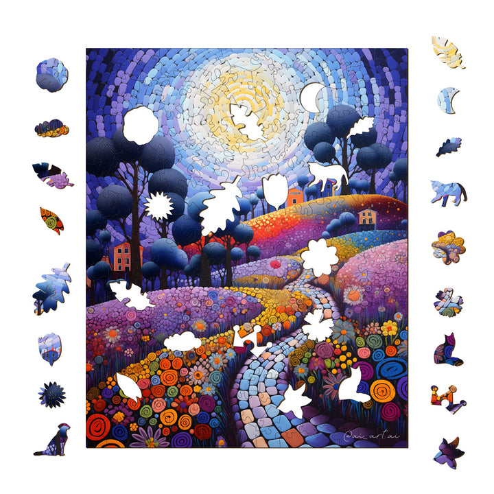 Colorful jigsaw puzzle featuring a whimsical landscape by Pietro Gallo with unique pieces surrounding it.