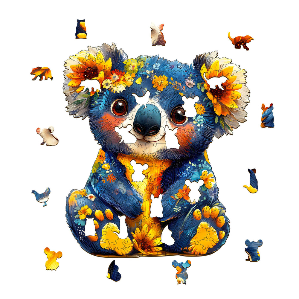Colorful Koala Wooden Jigsaw Puzzle pieces in vibrant colors, promoting focus and mental skills while enjoying puzzle-solving.