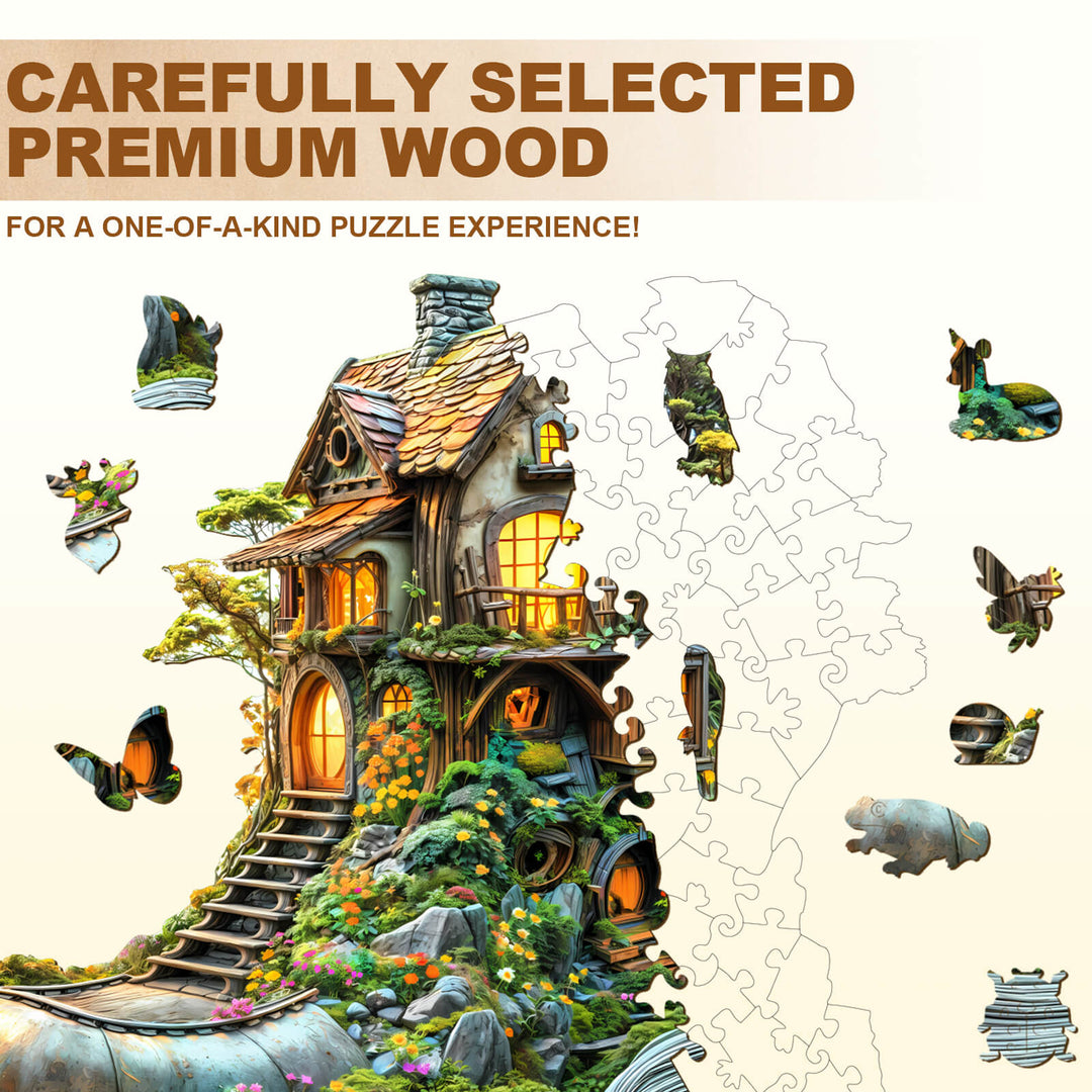 Treehouse Dream Wooden Jigsaw Puzzle made of premium wood, perfect for focused mind games and puzzle solving.